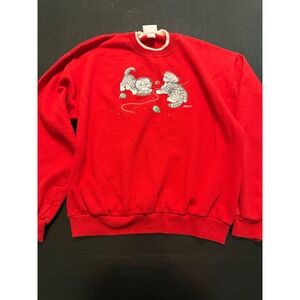 Morning Sun Vintage Christmas Kittens‎ Sweatshirt Red Graphic Pullover Large
